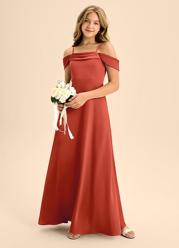 Azazie Anselie Junior Vestido de Óxido de Satén Elástico de Corte En A con Vestidos sin tirantes image1