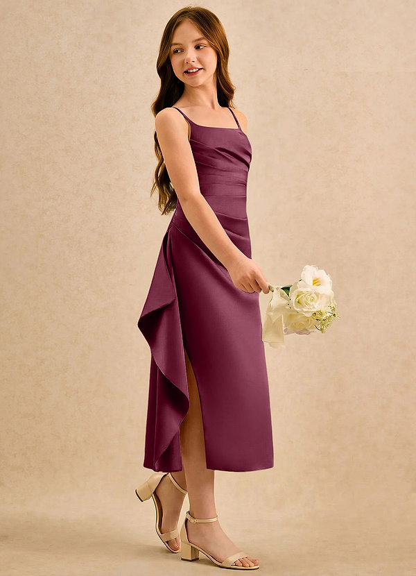 Azazie Canna Girls Formal Blomsterpigekjoler A-Line Plisseret Stræk satin Te-længde Kjole image1