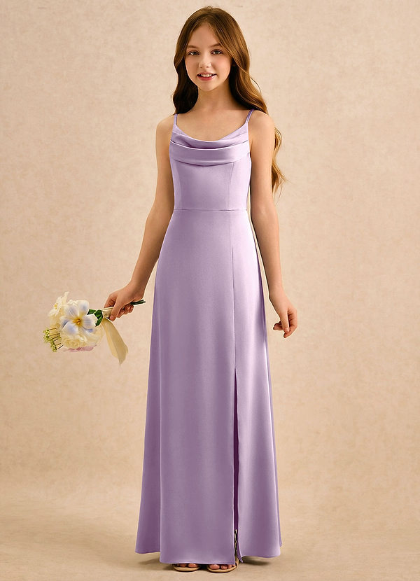 Azazie Shira Girls Formal Flower Girl Dresses Frosted Lilac A-Line Pleated Stretch Satin Dress image1