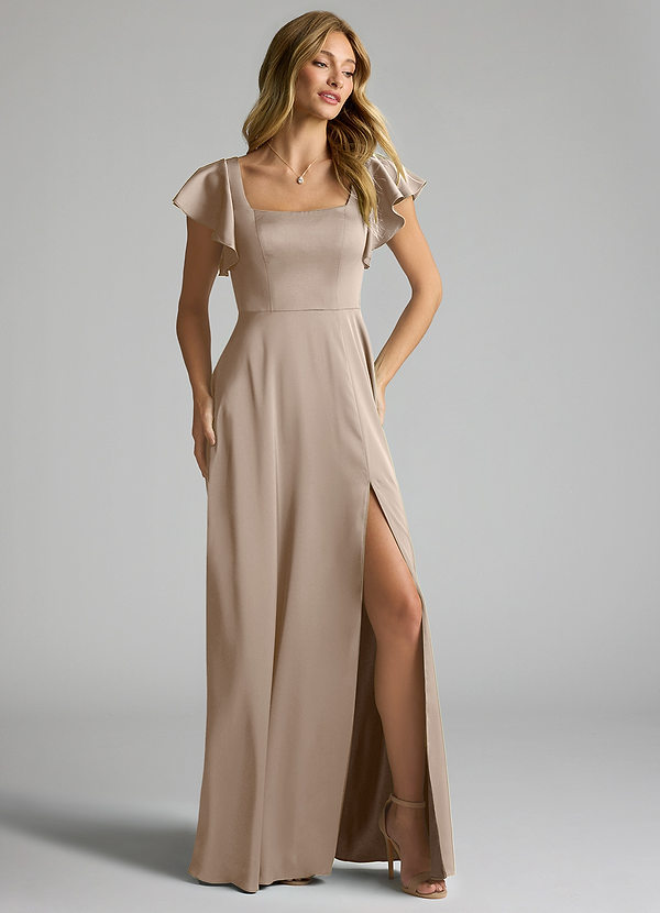 Azazie Bondi Bridesmaid Dresses Taupe A-Line Bow Stretch Satin Dress image1