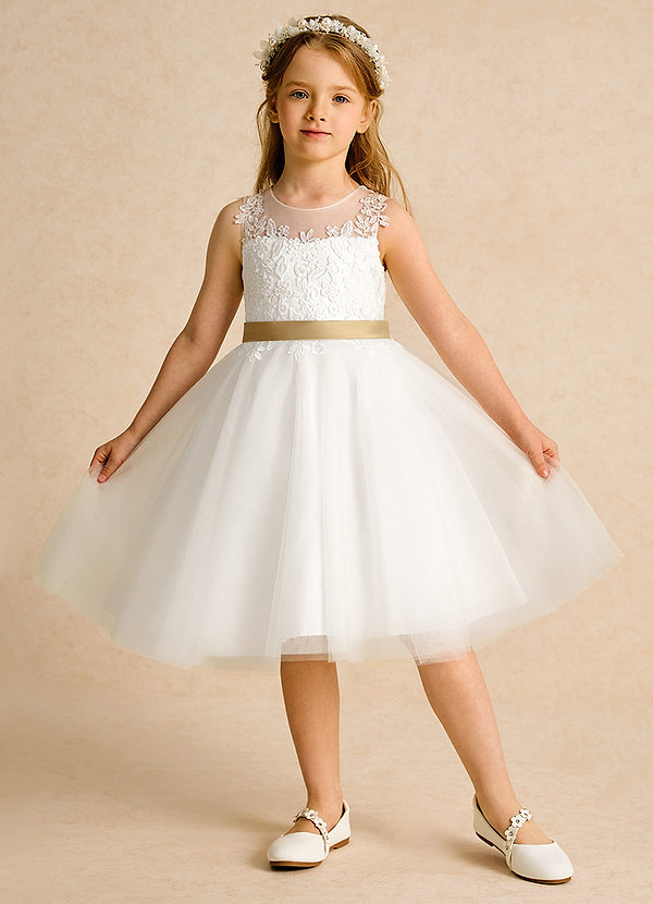 Azazie Lettie Flower Girl Dresses Ivory Gold Ball-Gown Lace Dress image1