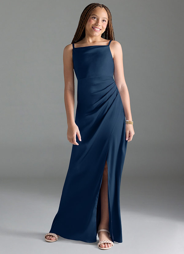 Azazie Leonis Junior Dark Navy A-Line Pleated Stretch Satin Dress image1