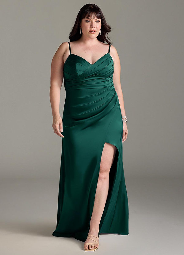 Azazie Yola Bridesmaid Dresses Emerald Sheath V-Neck Pleated Stretch Satin Convertible Dress image1