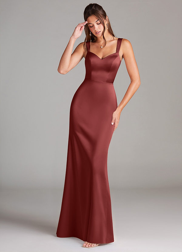 Azazie Denice Vestidos de Dama de Honor Vestido Terracota de Cetim elástico de Bainha com Plissado image1