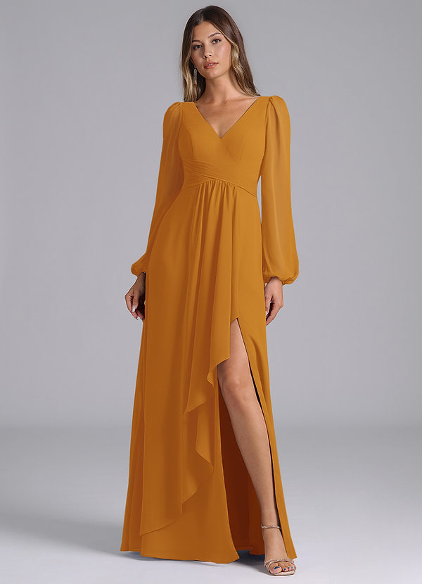 Azazie Liah Robes Demoiselle d'honneur Robe Trapèze en Mousseline de soie Manche longue Caramel écossais image1