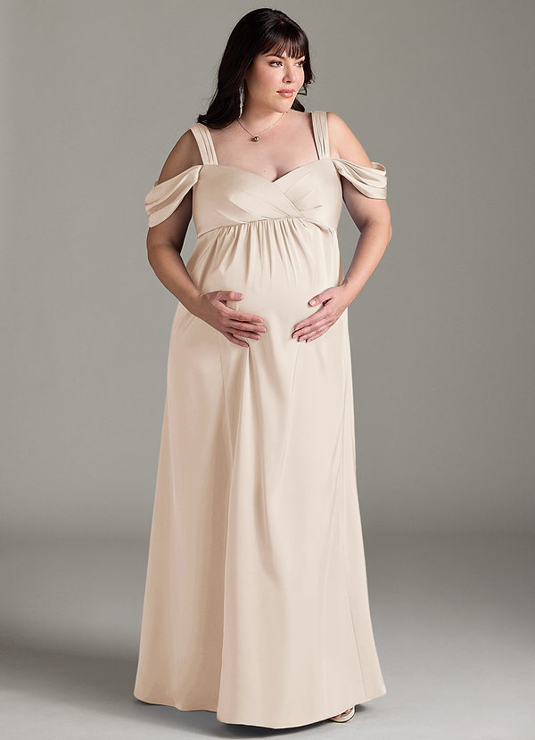 Azazie Rhea Maternity Bridesmaid Dresses A-Line Off-The-Shouler Pleated Stretch Satin Floor-Length Dress image1