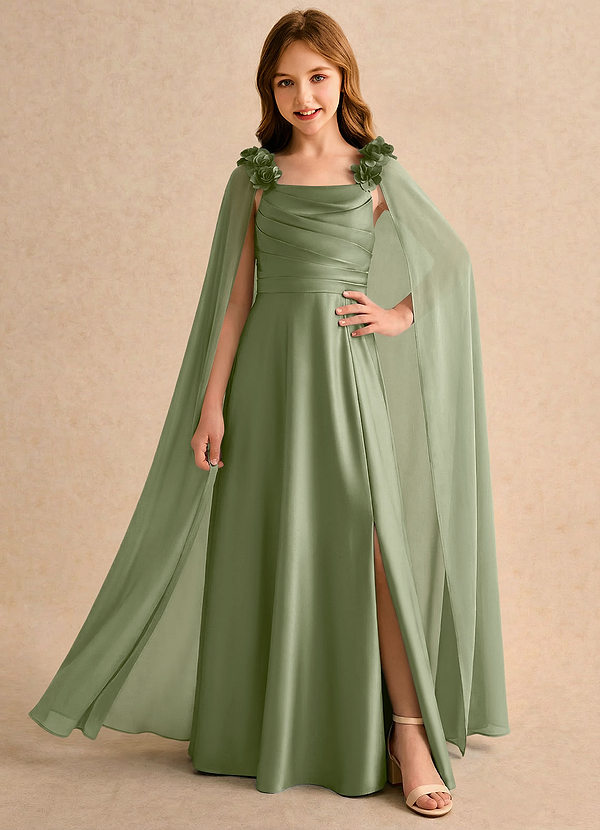 Azazie Rosita Girls Formal Vestidos de arras Vestido Pistacho de Satén Elástico de Línea A con Plisado image1