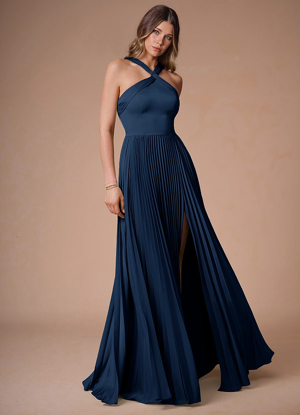 Afra Navy A-Line Pleated Stretch Satin Dress image1