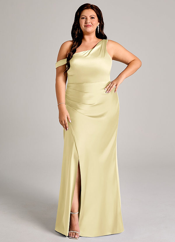 Azazie Madelyn Bridesmaid Dresses Lemon Sorbet Mermaid One Shoulder Stretch Satin Convertible Dress image1