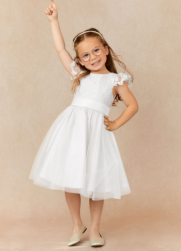 Azazie Vetty Flower Girl Dresses Ivory White A-Line Lace Tulle Dress image1