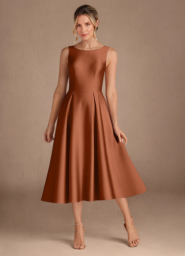 Azazie Fulton Mother of the Brides Dresses Copper A-Line Pleated Stretch Satin Dress image1
