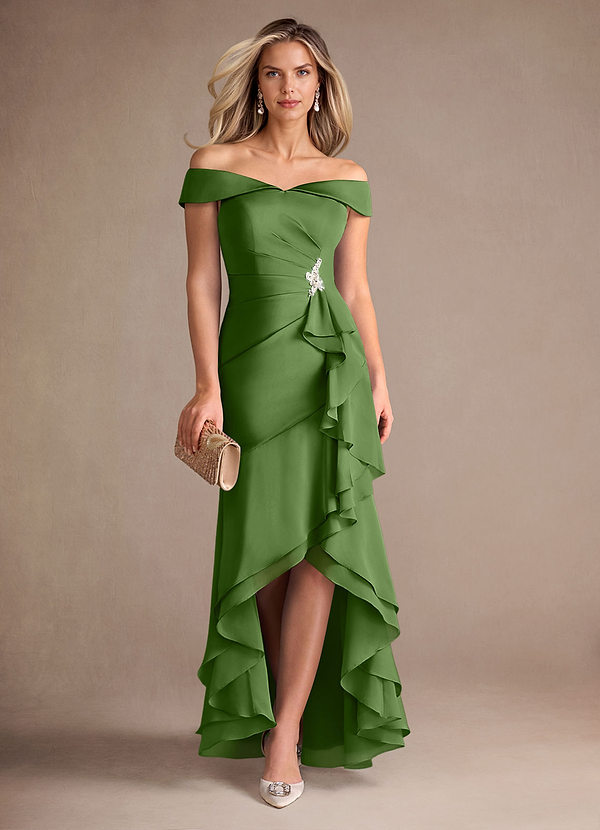 Azazie Billings Mother of the Brides Dresses Basil Mermaid Off the Shoulder Stretch Satin Dress image1