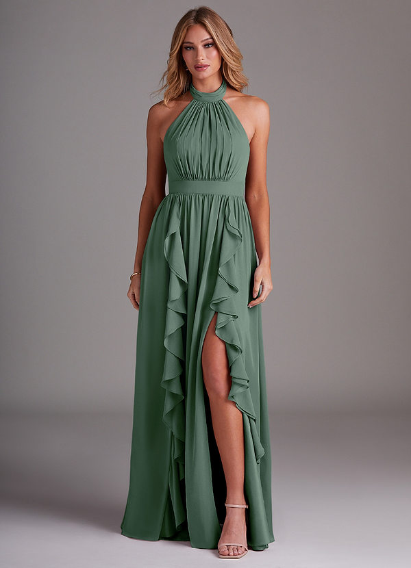 Azazie Avary Bridesmaid Dresses Eucalyptus A-Line Pleated Chiffon Dress image1