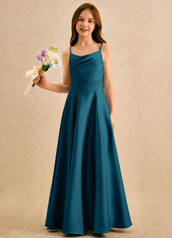 Azazie Coconut Girls Formal Blumenkinder Kleider A-Linie Plissee Stretch-Satin Kleid Tintenblau image1