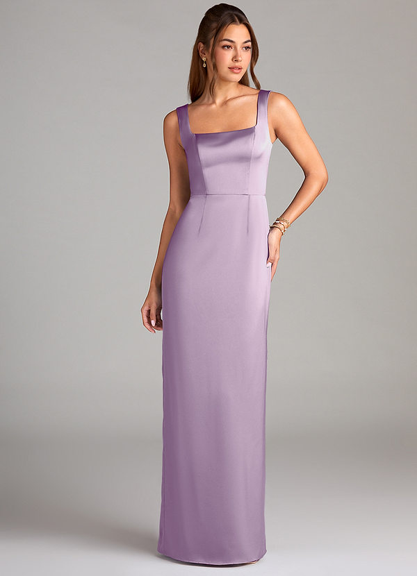 Azazie Flori Bridesmaid Dresses Frosted Lilac Sheath Side Slit Stretch Satin Dress image1