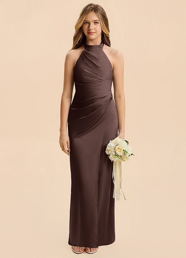 Azazie Jemma Junior Ganache Sheath Ruched Stretch Satin Dress image1
