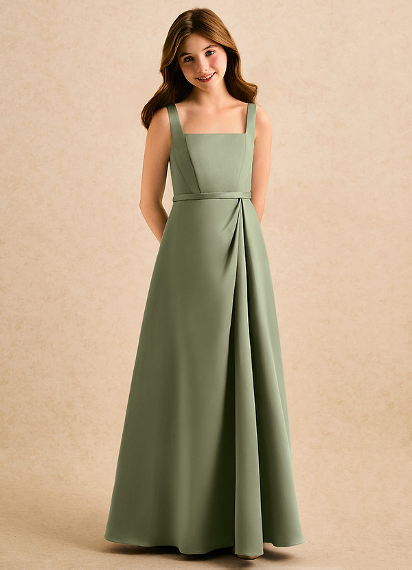 Azazie Emiko Girls Formal Abiti da Damigella Bambina Abito A-Line in Raso Opaco Plissettato Pistacchio image1