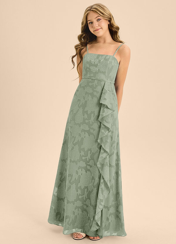 Azazie Kaylee Junior Agave A-Line with Belt Floral Burnout Dress image1