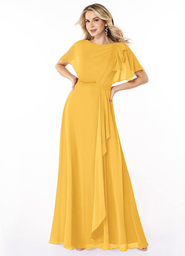 Azazie Aaliyah Modest Bridesmaid Dresses A-Line Scoop Pleated Chiffon Floor-Length Dress image1