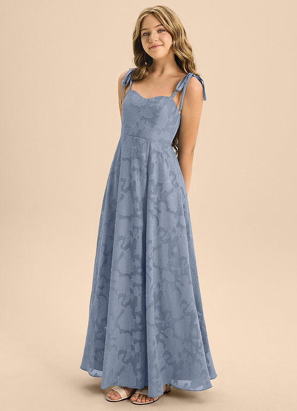 Azazie Rosey Junior Dusty Blue A-Line Sweetheart Neckline Floral Burnout Dress image1