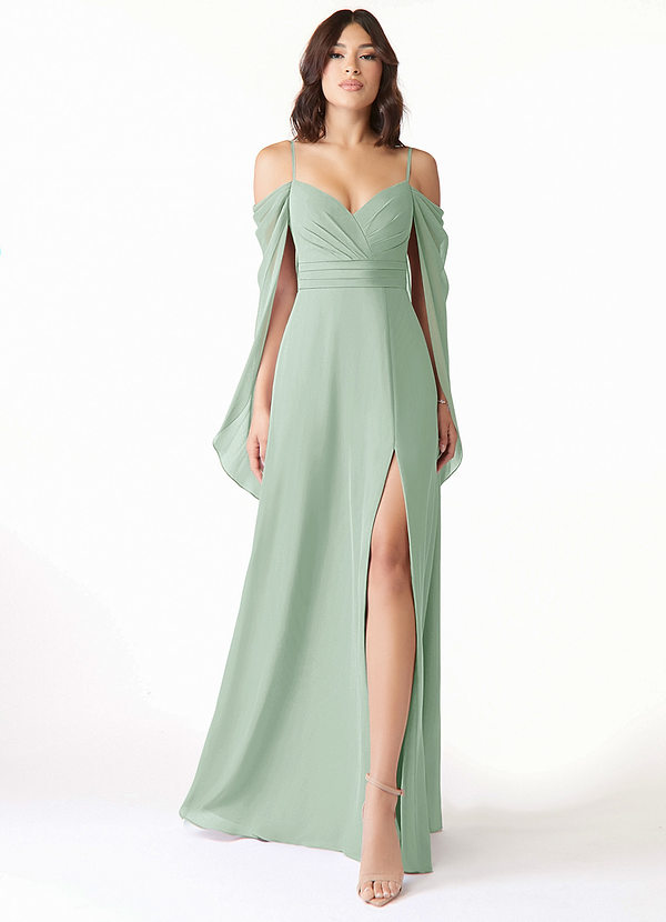 Azazie Cienna Bridesmaid Dresses Agave A-Line Long Sleeve Chiffon Dress image1