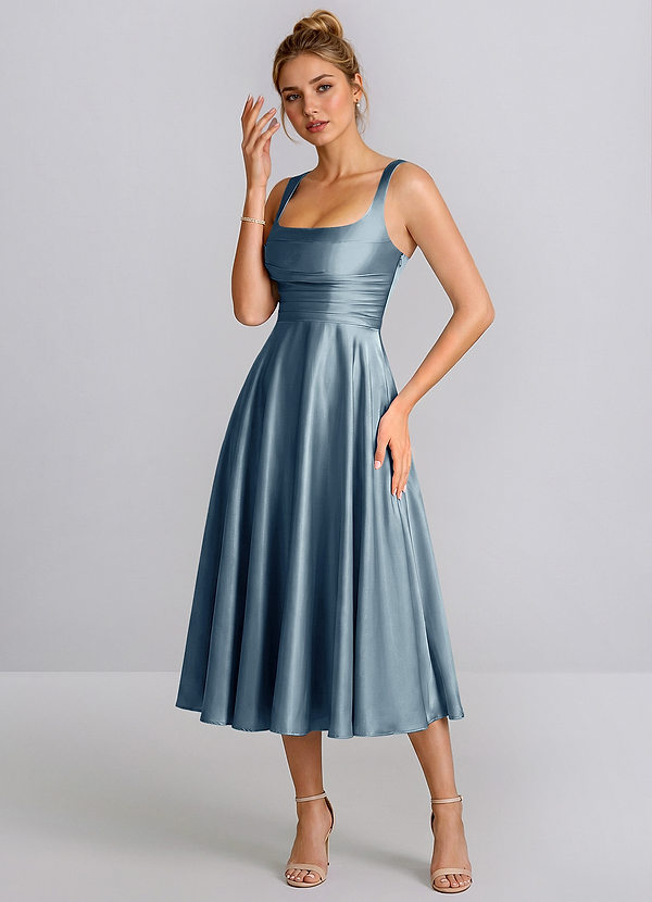 Ines Azul Polvoriento Vestido midi de satén con escote cuadrado y cordones, corte en A image1