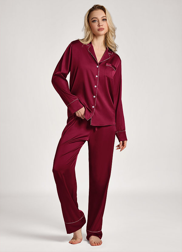 front Burgundy Satin Lurex Trim Long Sleeve Pajama Set