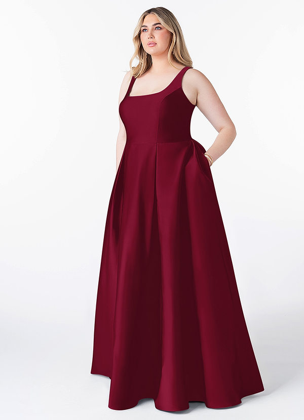 Azazie Neve Vestidos Dama de Honor Vestido de Borgoña de Satén Elástico de Corte Princesa con Con bolsillos image1