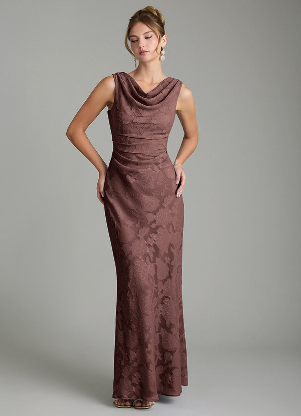 Azazie Kieryn Bridesmaid Dresses Espresso Mermaid Pleated Floral Burnout Dress image1