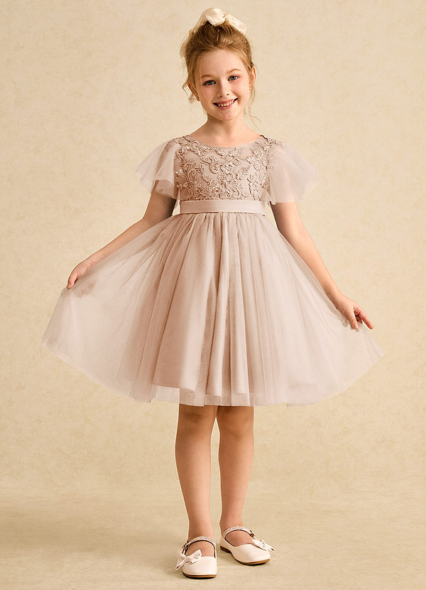 Azazie Queenie Robes de Fillette d'Honneur Robe Trapèze en Dentelle Rose Perle image1