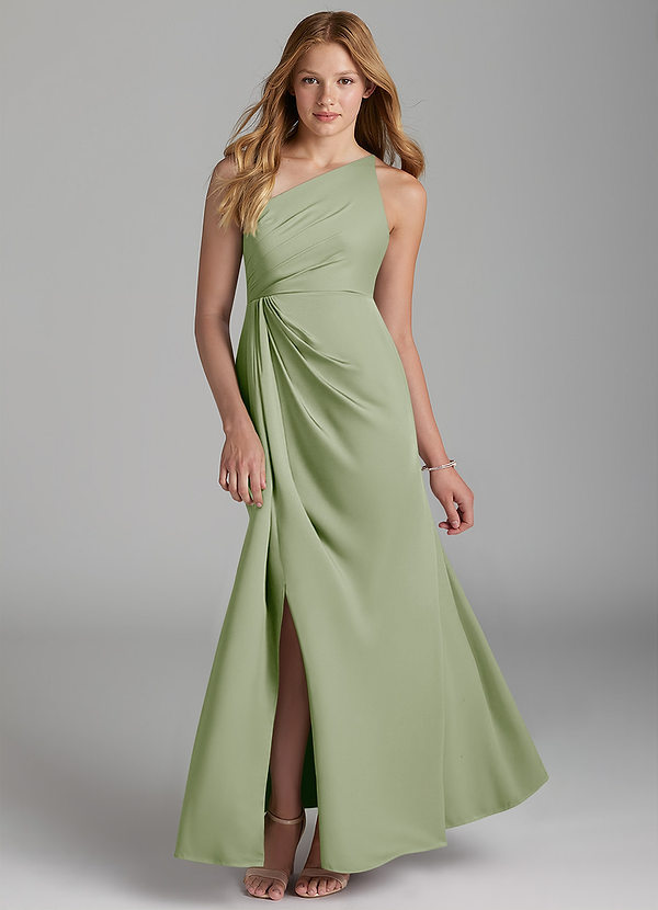 Azazie Mika Junior Robe Trapèze en Satin extensible Plissée Vert Sauge image1