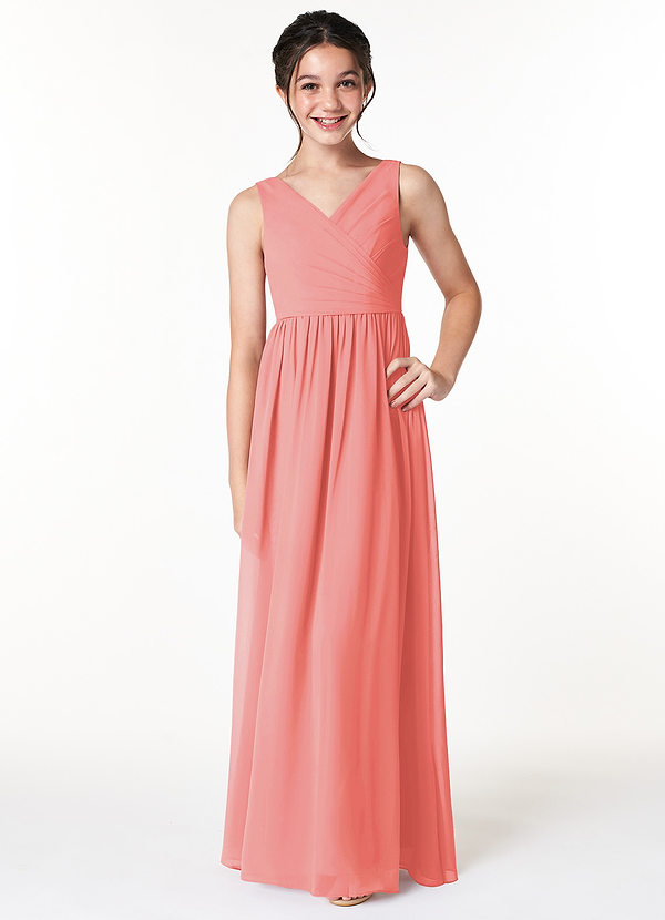Azazie Sawyer Junior Coral A-Line Pleated Chiffon Dress image1