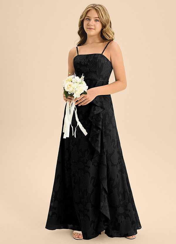Azazie Kaylee Junior Black A-Line with Belt Floral Burnout Dress image1