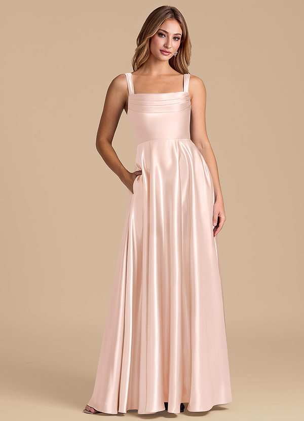 Azazie Shaude Bridesmaid Dresses Rose Gold A-Line Pleated Metallic Satin Dress image1
