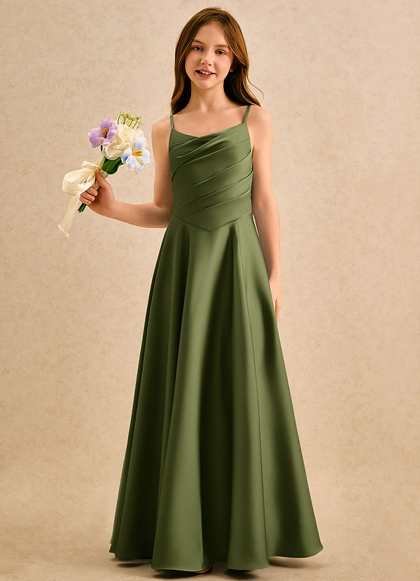 Azazie Coconut Girls Formal Robes de Fillette d'Honneur Robe Trapèze en Satin extensible Plissée Olive image1