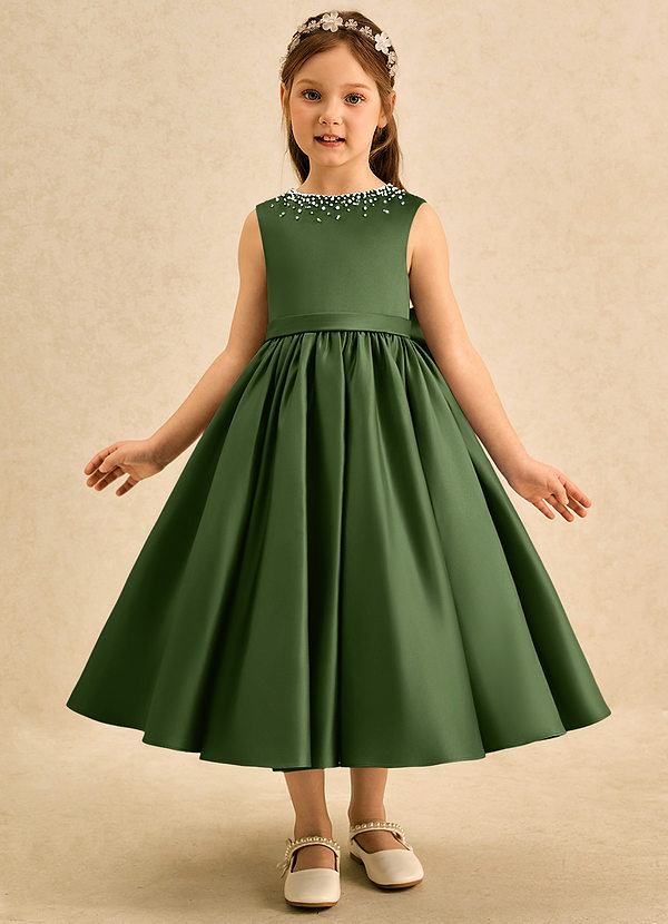 Azazie Doodle Flower Girl Dresses Olive Ball-Gown Bow Matte Satin Dress image1