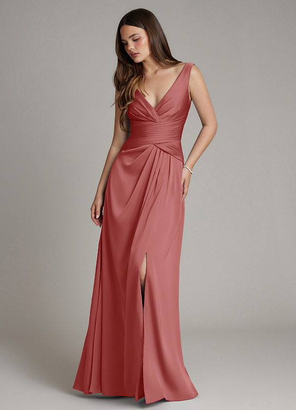 Azazie Pauline Bridesmaid Dresses Antique Rose A-Line Pleated Stretch Satin Dress image1