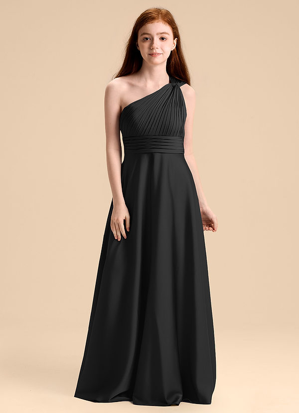 Azazie Charlize Junior Robe Trapèze en Satin extensible Plissée Noir image1