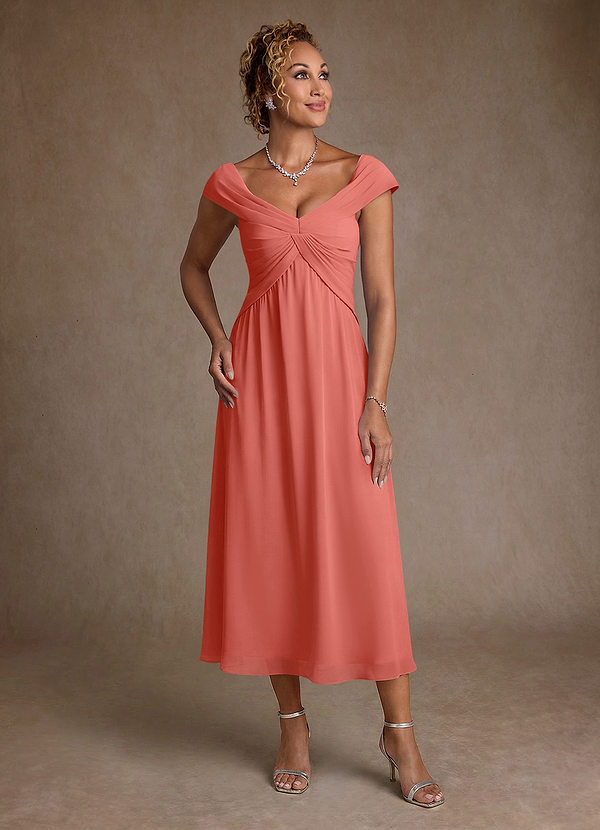 Azazie Mirta Robe Mère de la Mariée & du Marié Robe Trapèze en Blumen-Burnout Plissée Rose Saumon image1