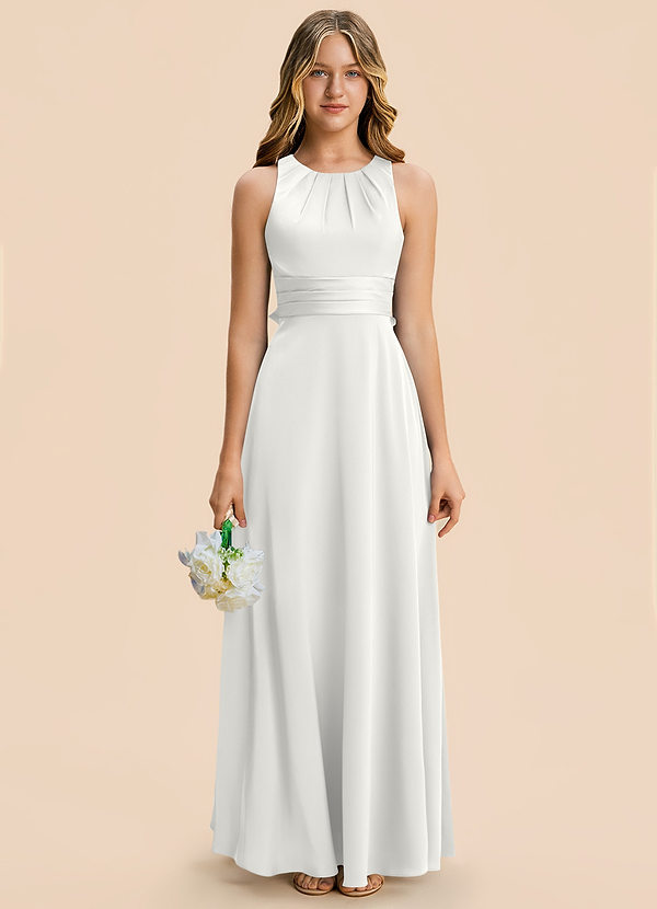 Azazie Christina Junior Vestido Blanco de Satén Elástico de Corte en A con Drapeado image1