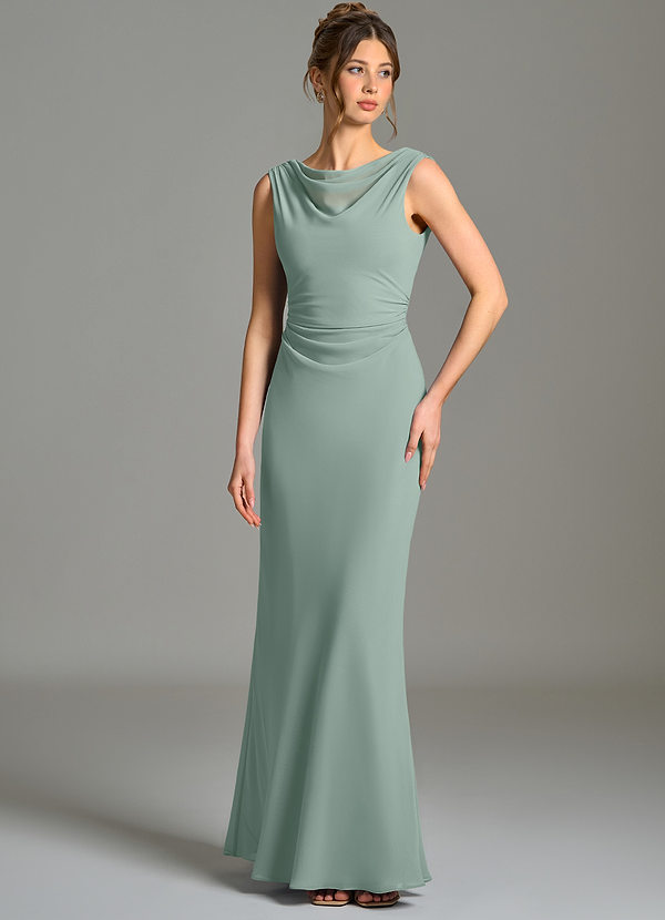 Azazie Kieryn Vestidos de dama de honor Vestido Salvia Plateada de Gasa de Corte Sirena con Plisado image1