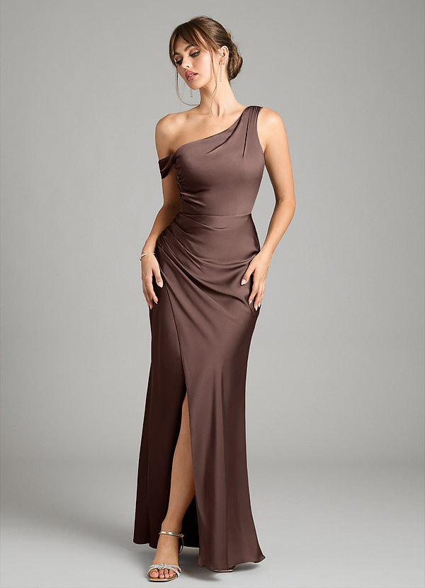 Azazie Madelyn Vestidos Dama de Honor Vestido de Ganache de Satén Elástico de Corte Sirena Convertible con Hombro unilateral image1