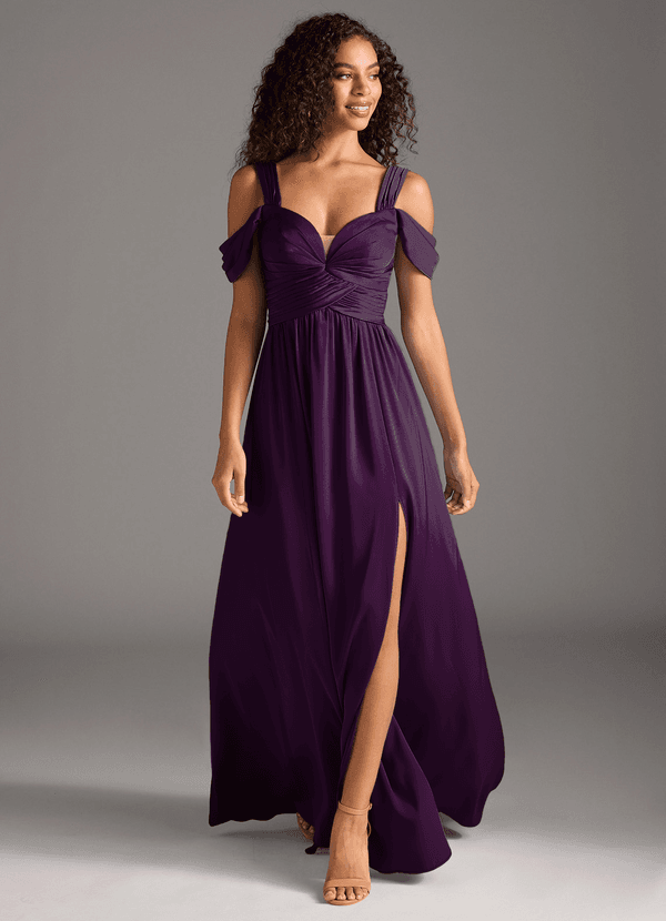 Azazie Lianne Bridesmaid Dresses Grape A-Line Off the Shoulder Stretch Satin Dress image1