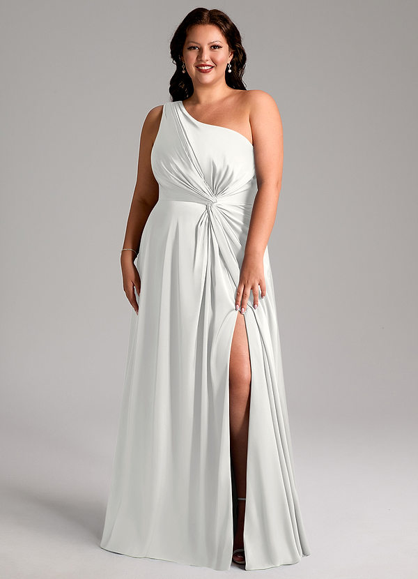 Azazie Brooke Robes Demoiselle d'honneur Robe Trapèze en Satin extensible Une épaule Blanc image1