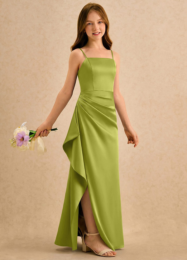 Azazie Cannoli Girls Formal Sukienki dla dziewczynek sypiących kwiaty Linia A Pofałdowany Satyna elastyczna Długość podłogi Sukienka image1