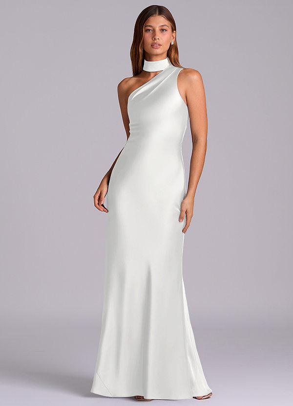 Azazie Seona Robes Demoiselle d'honneur Robe Sirène en Satin extensible Une épaule Blanc image1