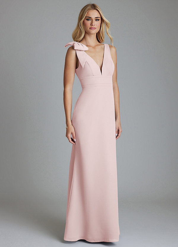 Azazie Taro Bridesmaid Dresses Blushing Pink Sheath Bow Chiffon Dress image1