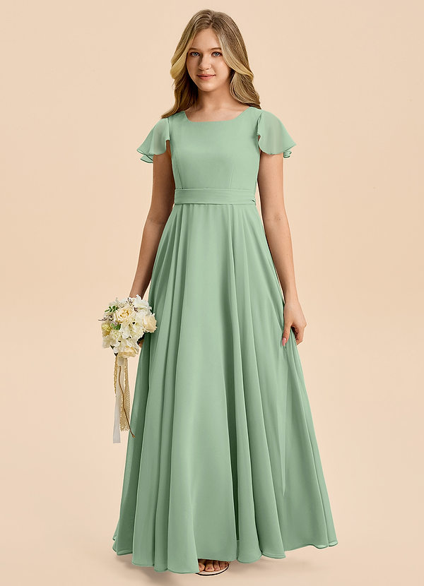 Azazie Cady Junior Abito A-Line in Chiffon Plissettato Matcha image1