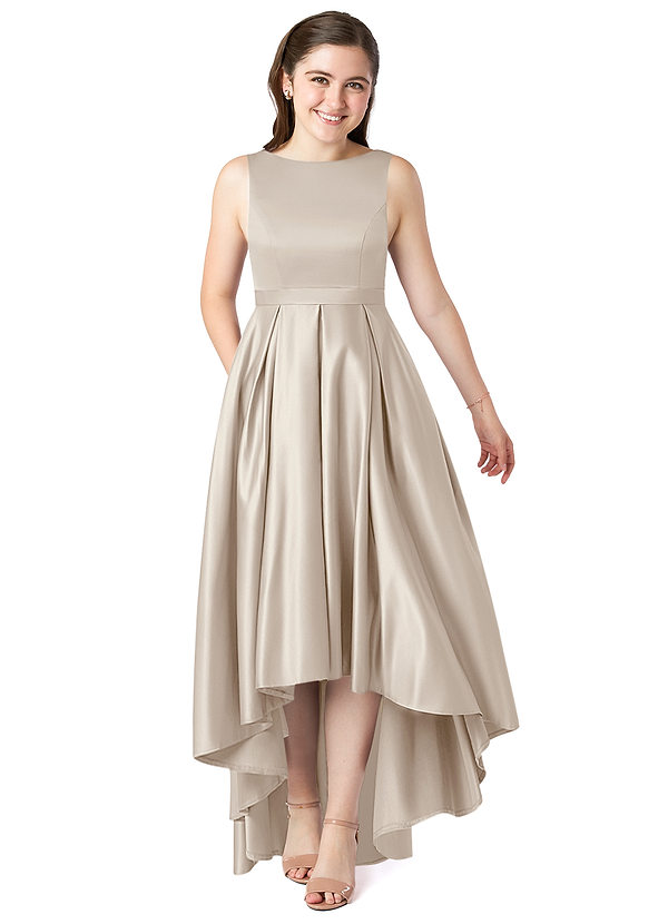 Azazie Inaya Junior Frost A-Line with Belt Stretch Satin Dress image1