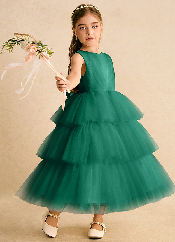 Azazie Marshmallow Flower Girl Dresses Emerald Ball-Gown Bow Tulle Dress image1